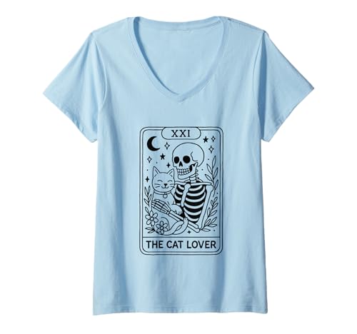 Damen The Cat Lover Tarot-Skelett Moon Stars T-Shirt mit V-Ausschnitt Damen The Cat Lover Tarot-Skelett Moon Stars T-Shirt mit V-Ausschnitt von Mystical Skeleton Cat Lovers Unite Forever