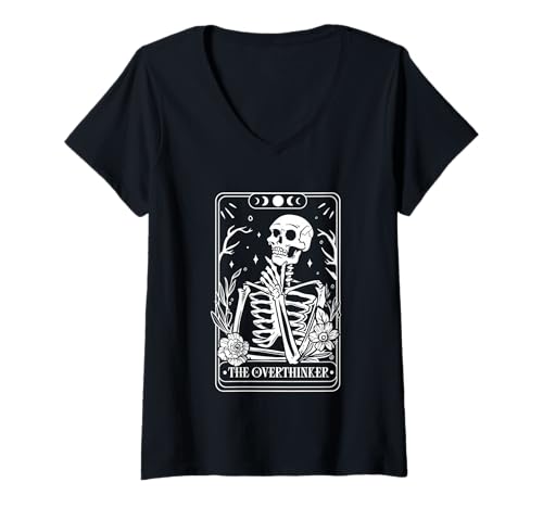 Damen The Overthinker Skeleton Tarotkarten-Design T-Shirt mit V-Ausschnitt von Mystical Skeleton Tarot Aesthetic Vibes