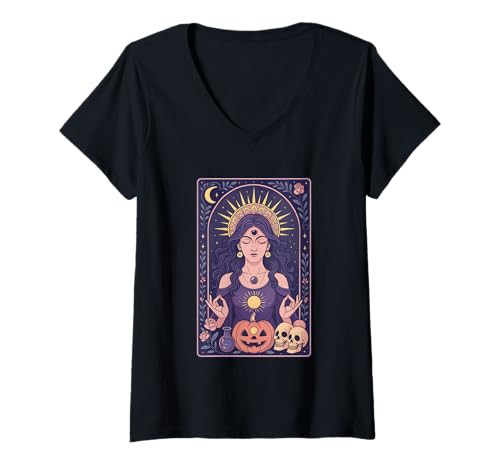 Damen Mystische Meditation Halloween Hexenkunst T-Shirt mit V-Ausschnitt von Mystical Spiritual Halloween Vibes Enigma
