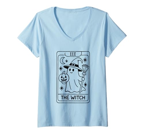 Damen The Witch Ghost Tarot-Halloween-Karte III T-Shirt mit V-Ausschnitt Damen The Witch Ghost Tarot-Halloween-Karte III T-Shirt mit V-Ausschnitt von Mystical Tarot Cards Witch Ghost Magic