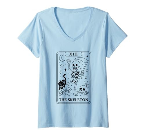 Damen XIII Das Skelett Tarotkarten-Design T-Shirt mit V-Ausschnitt Damen XIII Das Skelett Tarotkarten-Design T-Shirt mit V-Ausschnitt von Mystical Tarot Skeleton Cat Moon Stars