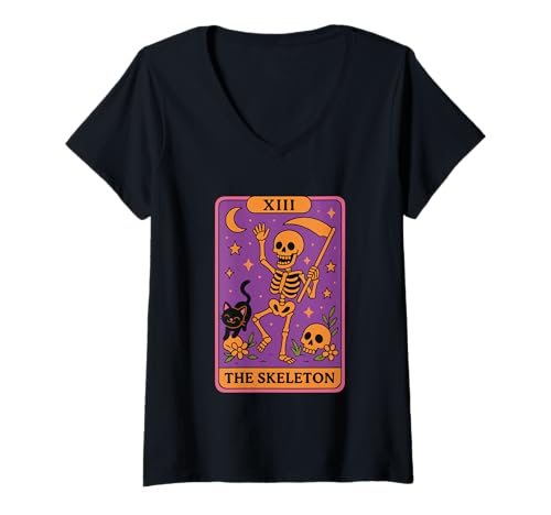 Damen Tarotkarte - Skelett Katze Mond T-Shirt mit V-Ausschnitt von Mystical Tarot Skeleton Moon Cat Magic Vibes