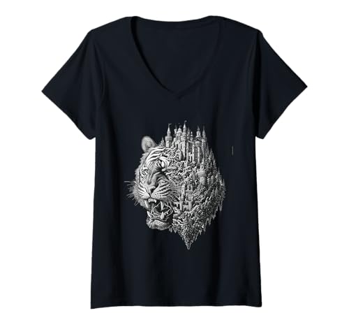 Damen Mystisches Tigerschloss Surreales Fantasy-Abenteuer T-Shirt mit V-Ausschnitt Damen Mystisches Tigerschloss Surreales Fantasy-Abenteuer T-Shirt mit V-Ausschnitt von Mystical Tiger Castle Fantasy Art Adventure