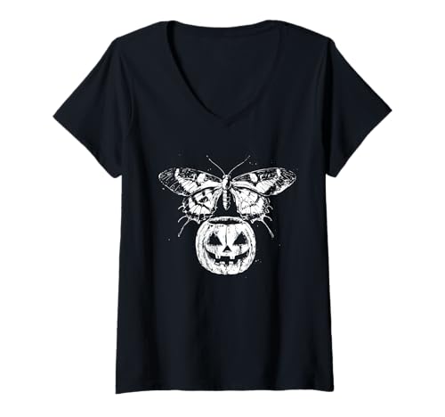 Damen Gothic Motte Schmetterling Gruseliger Kürbis Halloween T-Shirt mit V-Ausschnitt Damen Gothic Motte Schmetterling Gruseliger Kürbis Halloween T-Shirt mit V-Ausschnitt von Mystical Wicca Witchy Moth Jack o Lantern Gothic