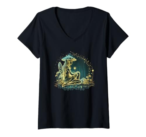Damen Leuchtende Fee Wald Elfe Pilze Fantasy T-Shirt mit V-Ausschnitt Damen Leuchtende Fee Wald Elfe Pilze Fantasy T-Shirt mit V-Ausschnitt von Mystische Feen im Wald