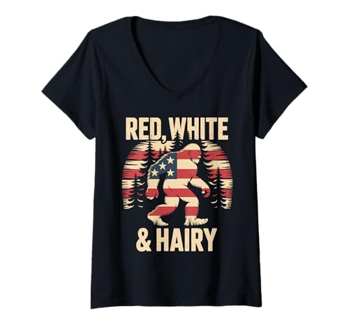 Damen Rote Weiße Und Haarige Bigfoot Illustration T-Shirt mit V-Ausschnitt Damen Rote Weiße Und Haarige Bigfoot Illustration T-Shirt mit V-Ausschnitt von Mystische Kreaturen Und Amerikanische Legenden