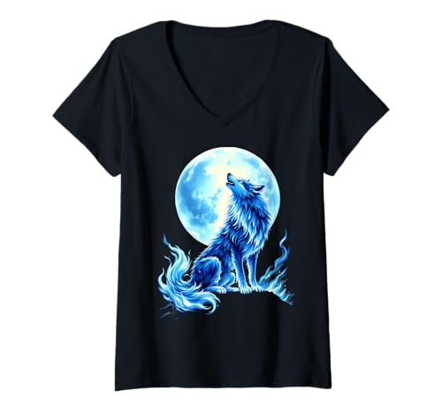 Damen Blauer Wolf Im Mondlicht Heulend Nacht T-Shirt mit V-Ausschnitt Damen Blauer Wolf Im Mondlicht Heulend Nacht T-Shirt mit V-Ausschnitt von Mystische Mondnacht Wolf Natur