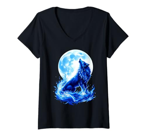 Damen Heulender Wolf Vor Vollmond Szene T-Shirt mit V-Ausschnitt von Mystische Mondnacht Wolf Silhouette