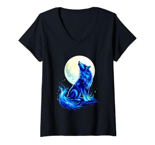 Damen Blauer Wolf Heult Mond Mystische Nacht T-Shirt mit V-Ausschnitt von Mystische Wölfe Mondnacht Fantasy