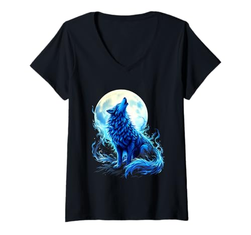 Damen Blauer Wolf Heult Zum Vollmond T-Shirt mit V-Ausschnitt Damen Blauer Wolf Heult Zum Vollmond T-Shirt mit V-Ausschnitt von Mystische Wölfe Vollmond Nächte