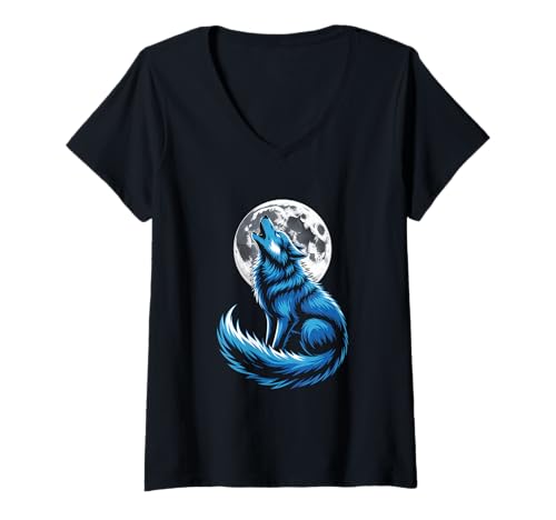Damen Heulender Wolf Vor Magischem Vollmond T-Shirt mit V-Ausschnitt Damen Heulender Wolf Vor Magischem Vollmond T-Shirt mit V-Ausschnitt von Mystische Wölfe Vollmondnacht Vision