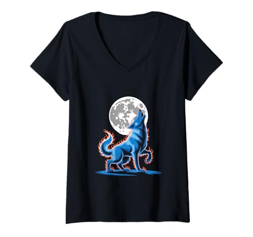 Damen Der Heulende Wolf Vor Vollmond T-Shirt mit V-Ausschnitt Damen Der Heulende Wolf Vor Vollmond T-Shirt mit V-Ausschnitt von Mystische Wolf Mond Nacht Kreatur