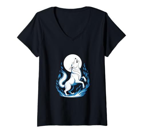 Damen Heulender Wolf Vor Vollmond T-Shirt mit V-Ausschnitt von Mystische Wolf Mondnacht Kunst