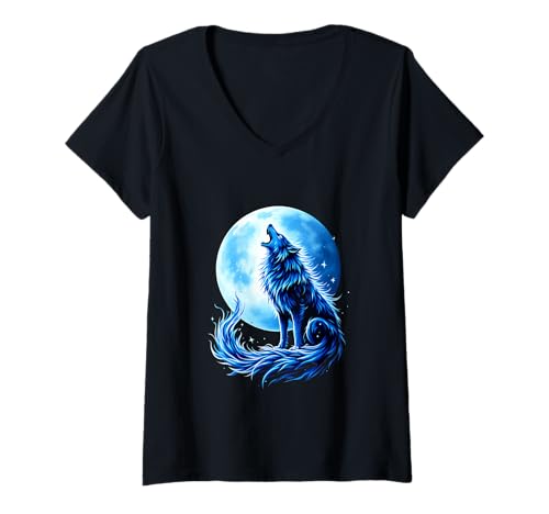 Damen Blauer Wolf Heult Vor Vollmond T-Shirt mit V-Ausschnitt Damen Blauer Wolf Heult Vor Vollmond T-Shirt mit V-Ausschnitt von Mystische Wolf Natur Mond Nacht Szene Kunst