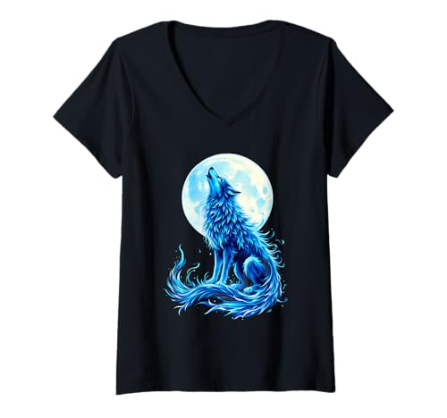 Damen Leuchtender Wolf Heult Zum Blauen Vollmond T-Shirt mit V-Ausschnitt Damen Leuchtender Wolf Heult Zum Blauen Vollmond T-Shirt mit V-Ausschnitt von Mystische Wolf Vollmond Nacht Kreaturen