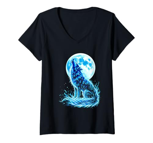 Damen Wolf Heult Zum Mond In Blau T-Shirt mit V-Ausschnitt Damen Wolf Heult Zum Mond In Blau T-Shirt mit V-Ausschnitt von Mystischer Wolf Heulender Mond Blau