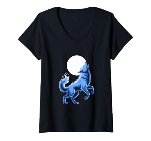 Damen Blauer Wolf Heult Zum Mond Motiv T-Shirt mit V-Ausschnitt Damen Blauer Wolf Heult Zum Mond Motiv T-Shirt mit V-Ausschnitt von Mystischer Wolf Mondnacht Heulen Wild
