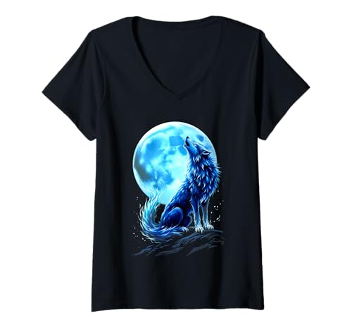 Damen Wolf Heult Vor Vollmond Mystische Nacht T-Shirt mit V-Ausschnitt Damen Wolf Heult Vor Vollmond Mystische Nacht T-Shirt mit V-Ausschnitt von Mystischer Wolf Mondnacht Heulen