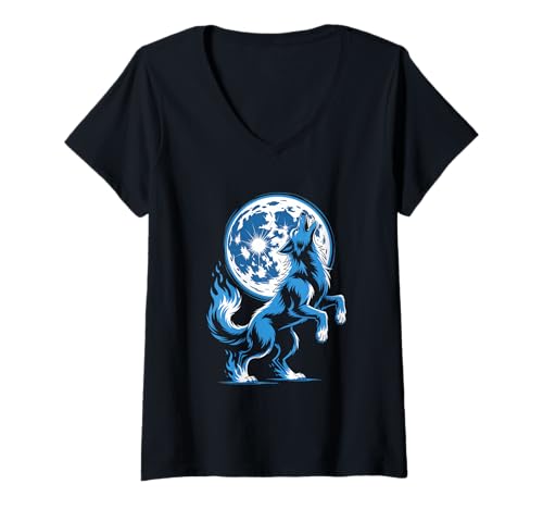 Damen Mondschein Wolf Heulen Unter Vollmond T-Shirt mit V-Ausschnitt Damen Mondschein Wolf Heulen Unter Vollmond T-Shirt mit V-Ausschnitt von Mystischer Wolf Mondschein Naturfreunde
