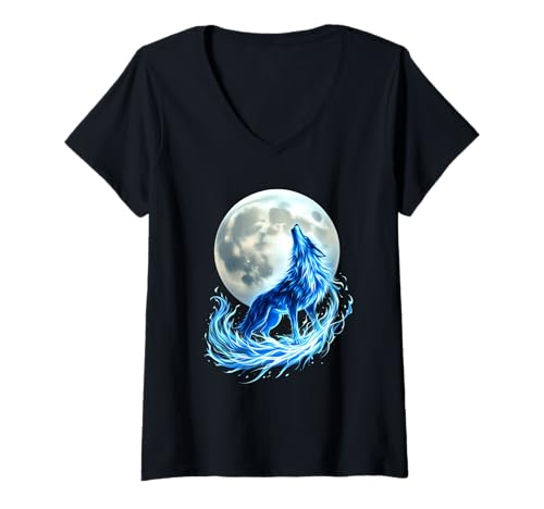 Damen Leuchtender Wolf Vor Vollmond T-Shirt mit V-Ausschnitt Damen Leuchtender Wolf Vor Vollmond T-Shirt mit V-Ausschnitt von Mystischer Wolf Mondscheinszenen