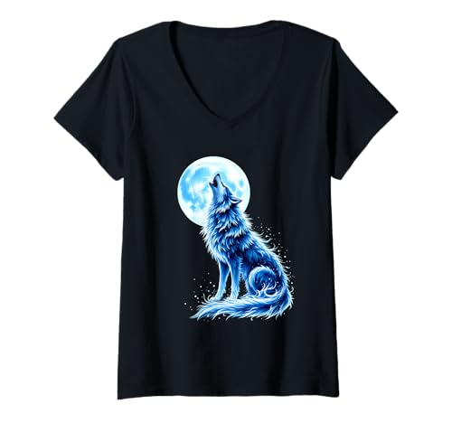 Damen Mystischer Wolf Heult Vollmond Nacht Himmel T-Shirt mit V-Ausschnitt von Mystischer Wolf Vollmond Nacht Geisterbild