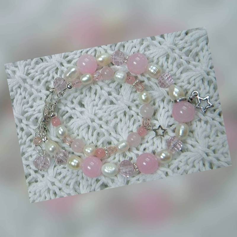 Mummy & Me-Armbänder „Pink Star", Bestehend Aus Süßwasserperlen, Rosenquarz, Kristall Und Silberperlen von Mysunshinepearls