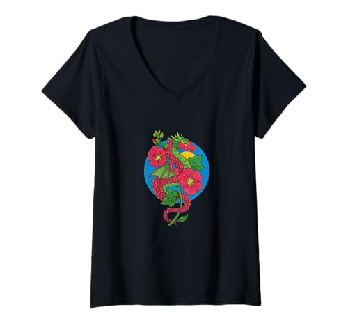Damen Floraler Drache, Fantasiekreatur mit Blüten T-Shirt mit V-Ausschnitt von Mythic Bloom Syndicate Art