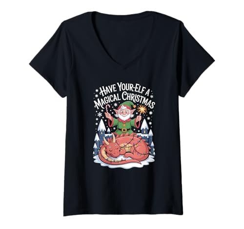 Damen Lustige Weihnachtselfe und Drachen-Fantasie T-Shirt mit V-Ausschnitt von Mythic Mistletoe Apparel Gifts by Anastasia