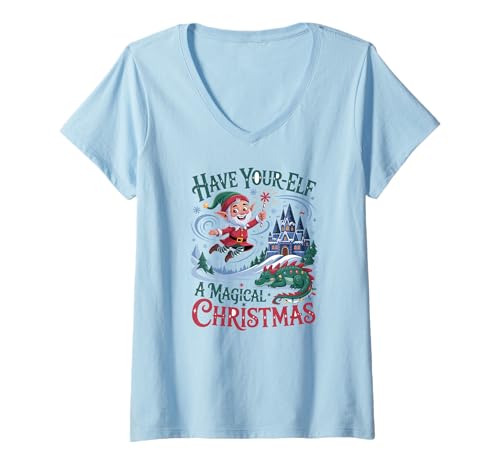 Damen Lustige Weihnachtselfe und Drachen-Fantasie T-Shirt mit V-Ausschnitt von Mythic Mistletoe Apparel Gifts by Anastasia