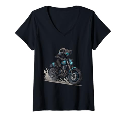 Damen Ram Motorradfahrer in futuristischer Blauer Rüstung T-Shirt mit V-Ausschnitt Damen Ram Motorradfahrer in futuristischer Blauer Rüstung T-Shirt mit V-Ausschnitt von Mythic Motion Studio