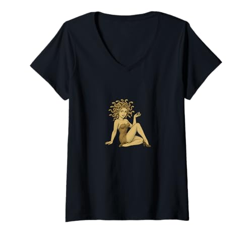 Damen Medusa Pinup Gorgon Retro Mythos Design mit verspieltem Twist T-Shirt mit V-Ausschnitt Damen Medusa Pinup Gorgon Retro Mythos Design mit verspieltem Twist T-Shirt mit V-Ausschnitt von Mythic Siren Emporium
