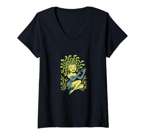 Damen Medusa Pinup Gorgon Retro Mythos Design mit verspieltem Twist T-Shirt mit V-Ausschnitt Damen Medusa Pinup Gorgon Retro Mythos Design mit verspieltem Twist T-Shirt mit V-Ausschnitt von Mythic Siren Emporiums