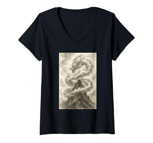 Damen Drache in Wolken Kunstwerk T-Shirt mit V-Ausschnitt Damen Drache in Wolken Kunstwerk T-Shirt mit V-Ausschnitt von Mythical-Art