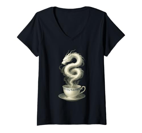 Damen Steam Cloud-Kunstwerk „Drache in Einer Teetasse“ T-Shirt mit V-Ausschnitt Damen Steam Cloud-Kunstwerk „Drache in Einer Teetasse“ T-Shirt mit V-Ausschnitt von Mythical Art