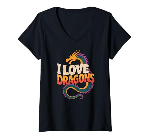 Damen Aussage von Ich Liebe Dragons Enthusiast T-Shirt mit V-Ausschnitt Damen Aussage von Ich Liebe Dragons Enthusiast T-Shirt mit V-Ausschnitt von Mythical Creature Fantasy Enthusiast