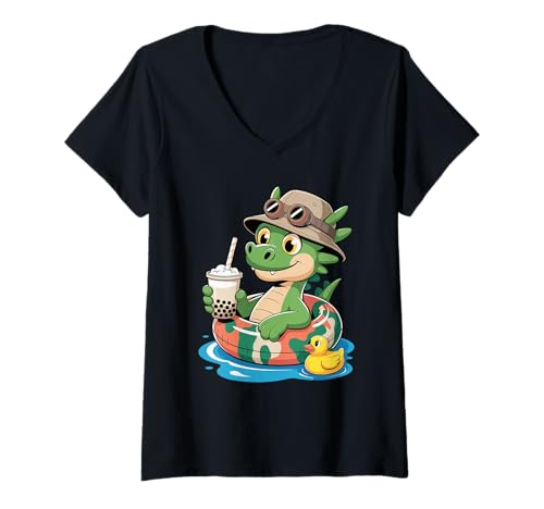 Damen Drache Boba Perlen Milchtee Drachen T-Shirt mit V-Ausschnitt von Mythical Creature Lover Gifts