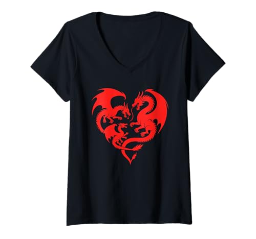 Damen Drache Herzform Mythisches Wesen Drachen T-Shirt mit V-Ausschnitt Damen Drache Herzform Mythisches Wesen Drachen T-Shirt mit V-Ausschnitt von Mythical Creature Lover Gifts