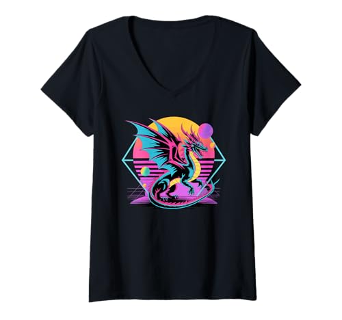 Damen Drache Retro Synthwave Drachen T-Shirt mit V-Ausschnitt Damen Drache Retro Synthwave Drachen T-Shirt mit V-Ausschnitt von Mythical Creature Lover Gifts