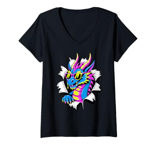 Damen Gerissener Papiereffekt Drache Sonnenbrille Drachen T-Shirt mit V-Ausschnitt von Mythical Creature Lover Gifts