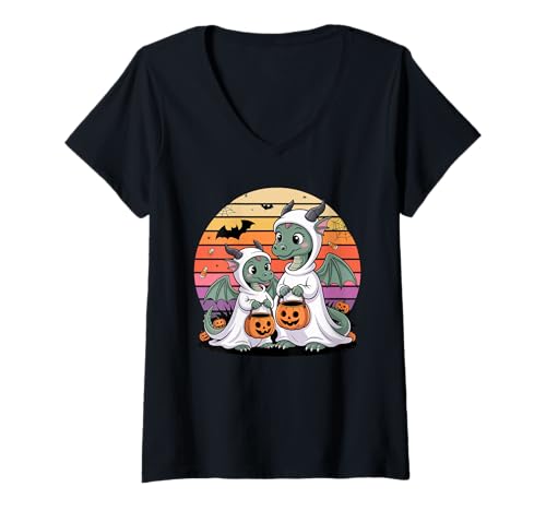 Damen Halloween Drache Geist Drachen T-Shirt mit V-Ausschnitt von Mythical Creature Lover Gifts