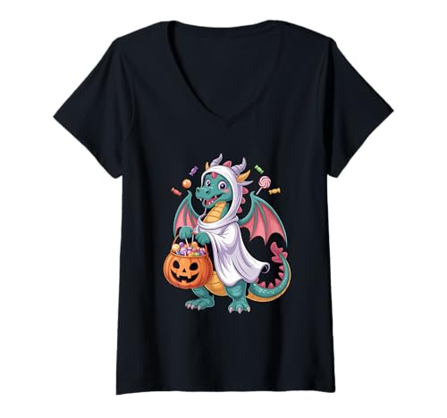 Damen Halloween Drache Geist Kürbis Süßes Oder Saures Süßigkeiten T-Shirt mit V-Ausschnitt Damen Halloween Drache Geist Kürbis Süßes Oder Saures Süßigkeiten T-Shirt mit V-Ausschnitt von Mythical Creature Lover Gifts