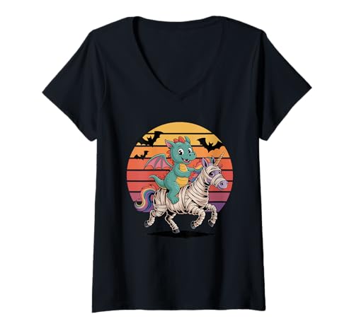 Damen Halloween Mumie Einhorn Drache Drachen T-Shirt mit V-Ausschnitt von Mythical Creature Lover Gifts