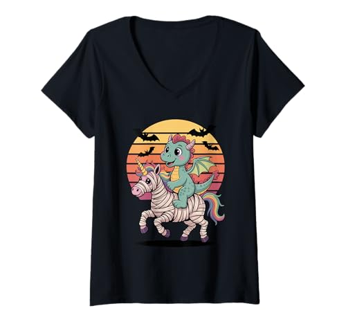 Damen Halloween Mumie Einhorn Drache Drachen T-Shirt mit V-Ausschnitt von Mythical Creature Lover Gifts