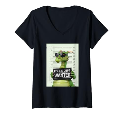 Damen Mugshot Style Art Drache Sonnenbrille Drachen T-Shirt mit V-Ausschnitt von Mythical Creature Lover Gifts