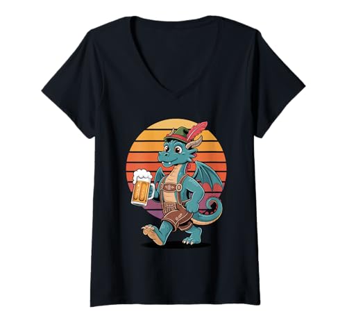 Damen Retro Drache Bier Trinkende Drachen T-Shirt mit V-Ausschnitt von Mythical Creature Lover Gifts