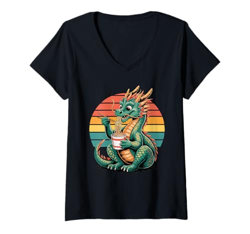 Damen Retro Drache Instant Becher Nudeln Drachen T-Shirt mit V-Ausschnitt Damen Retro Drache Instant Becher Nudeln Drachen T-Shirt mit V-Ausschnitt von Mythical Creature Lover Gifts