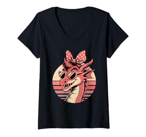 Damen Retro Drache Sonnenbrille Drachen T-Shirt mit V-Ausschnitt von Mythical Creature Lover Gifts