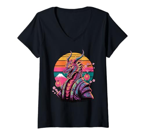 Damen Retro Samurai Drache Drachen T-Shirt mit V-Ausschnitt Damen Retro Samurai Drache Drachen T-Shirt mit V-Ausschnitt von Mythical Creature Lover Gifts