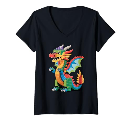 Damen Spielzeugbausteine Drache Mythisches Wesen Drachen T-Shirt mit V-Ausschnitt Damen Spielzeugbausteine Drache Mythisches Wesen Drachen T-Shirt mit V-Ausschnitt von Mythical Creature Lover Gifts