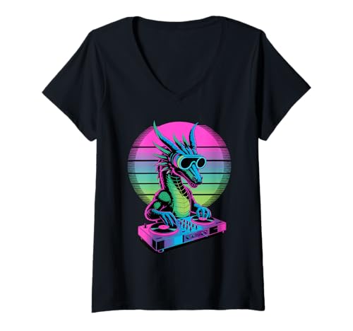 Damen Synthwave Drache DJ Sonnenbrille Drachen T-Shirt mit V-Ausschnitt von Mythical Creature Lover Gifts